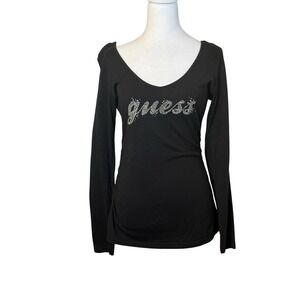 Guess Y2K Black Rhinestone Logo Bling Long Sleeve Shirt Size Large Edgy Grunge
